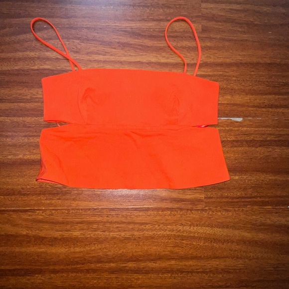 Zara Orange Wide Leg Slit Cuff High Rise Pants & Cut-Out Straight Neckline Crop - Picture 4 of 11